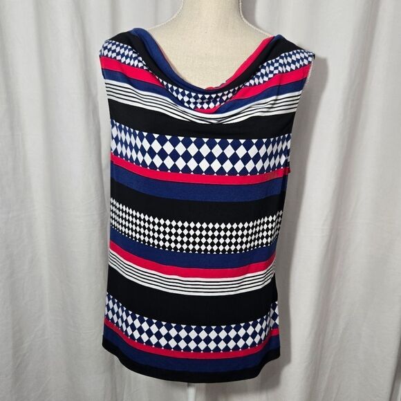 Tahari Arthur Levine Sleeveless Blouse Size L Pink Blue White Stripe Drape Neck - Picture 3 of 7
